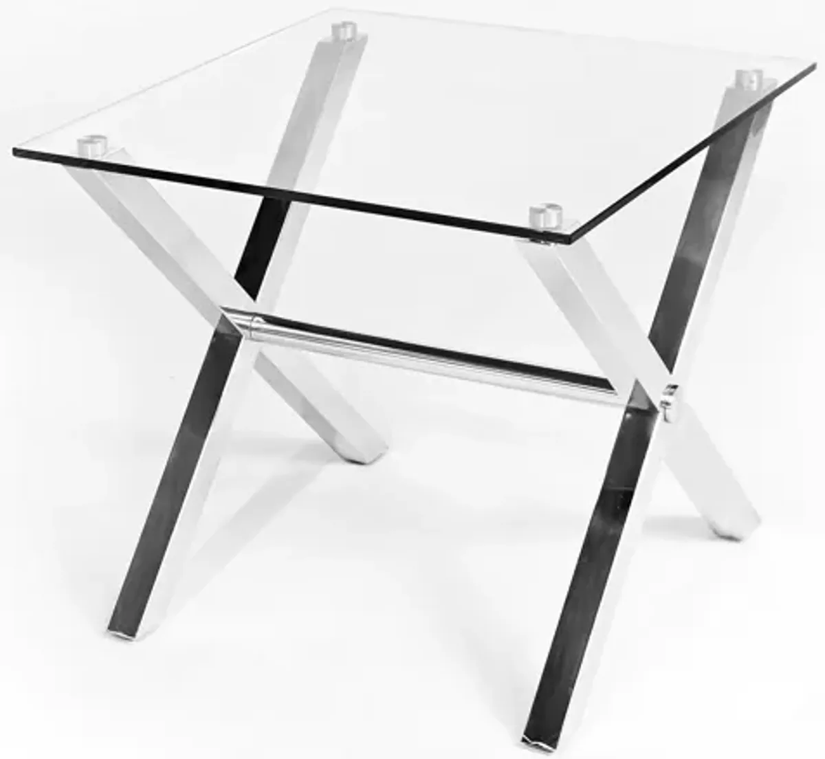 Tia 24 Inch Side End Table, Square Tempered Glass Top, X Shape Steel Legs  - Benzara