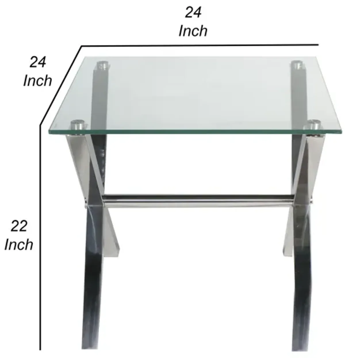 Tia 24 Inch Side End Table, Square Tempered Glass Top, X Shape Steel Legs  - Benzara