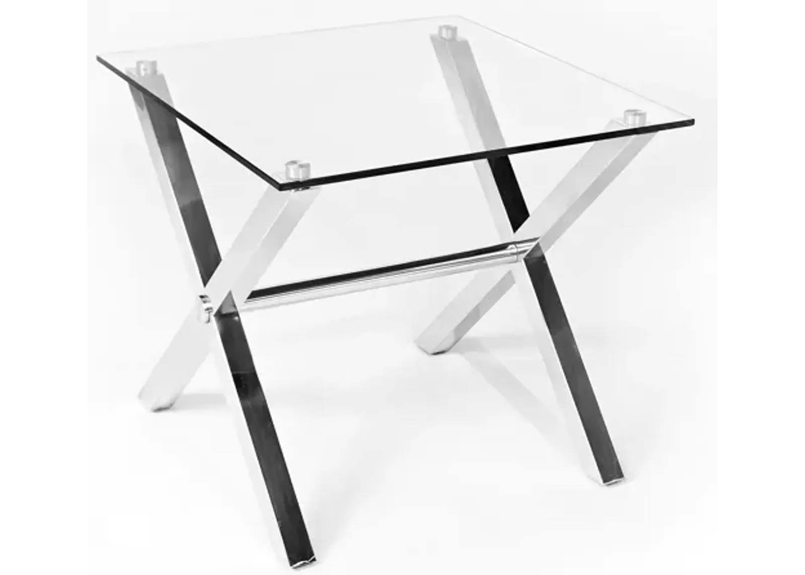 Tia 24 Inch Side End Table, Square Tempered Glass Top, X Shape Steel Legs  - Benzara