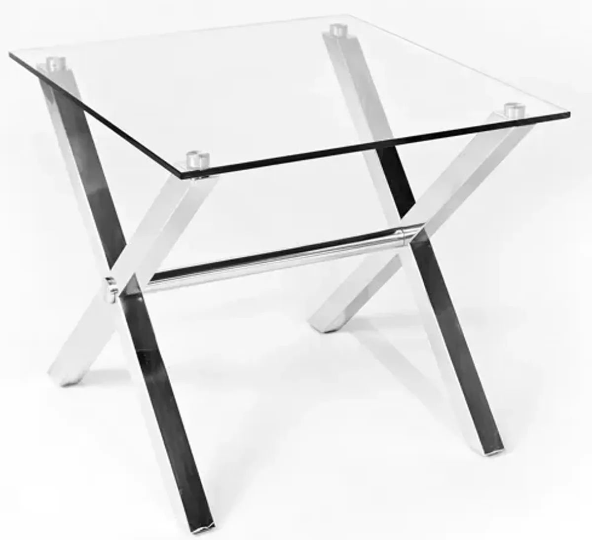 Tia 24 Inch Side End Table, Square Tempered Glass Top, X Shape Steel Legs  - Benzara