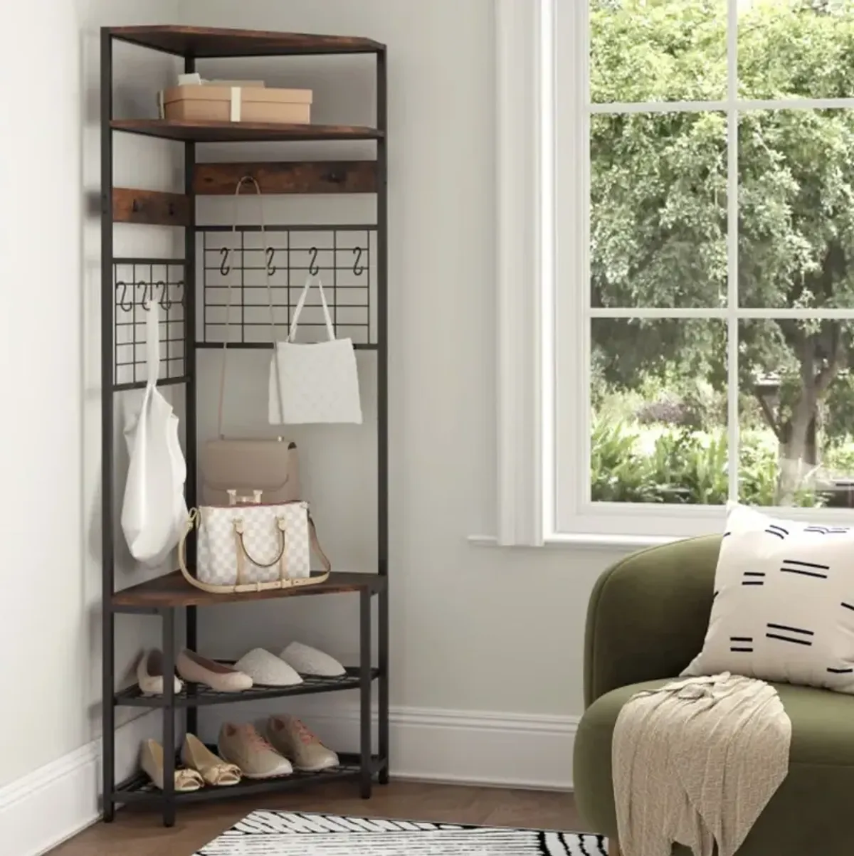 5-Tier Corner Hall Tree with Bench and Shoe Storage for Space-Saving Organization