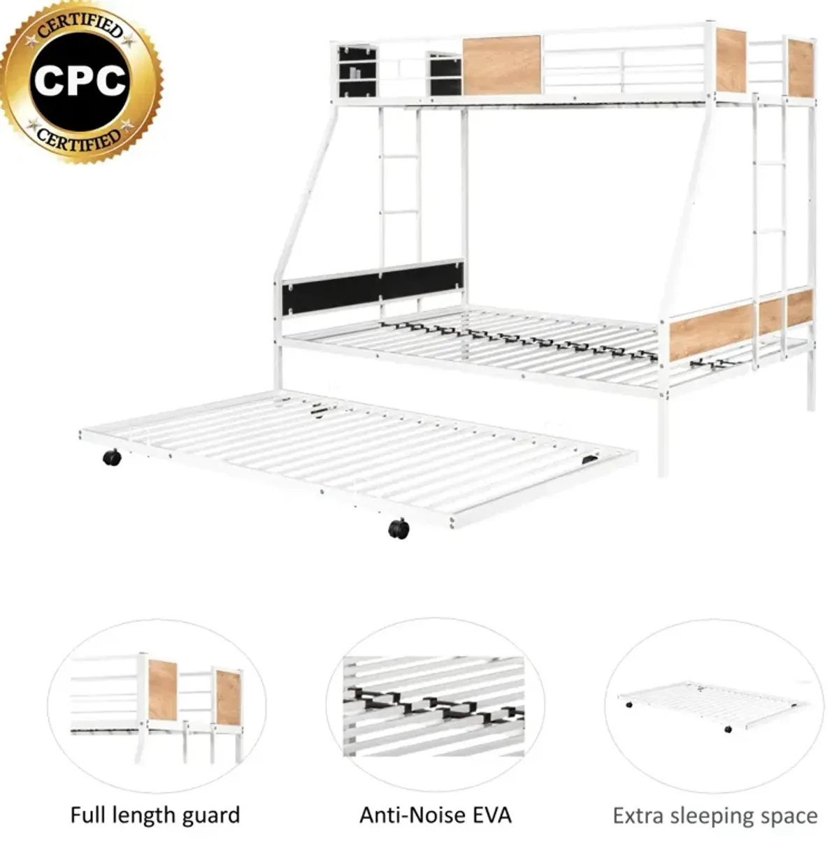 Sturdy Metal Bunk Bed with Trundle & Safety Features