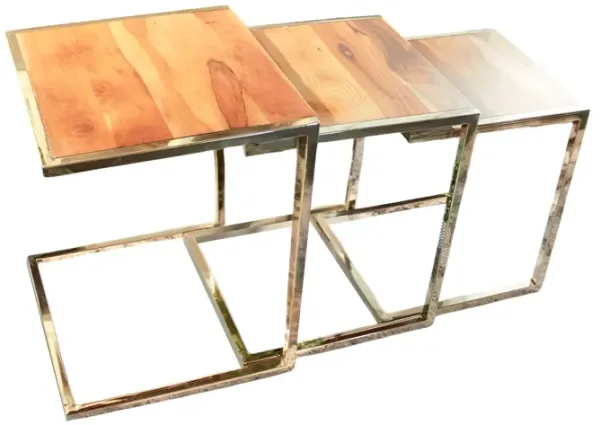 Set of Three Stylish Wood and Metal C Shaped Nesting End Tables