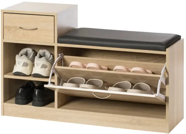 Wooden Entryway Shoe Storage Bench with Cushion, Oak