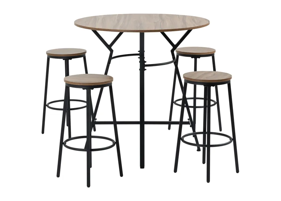 HOMCOM Industrial 5-Piece Bar Table and Chairs Set, Space Saving Dining Table with 4 Stools for Pub and Kitchen, Black & Brown