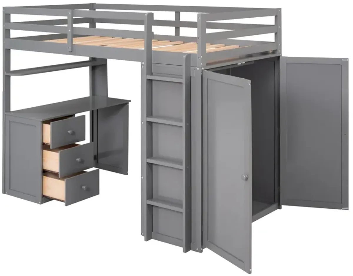 Twin Size Loft Bed With Drawers, Desk, And Wardrobe