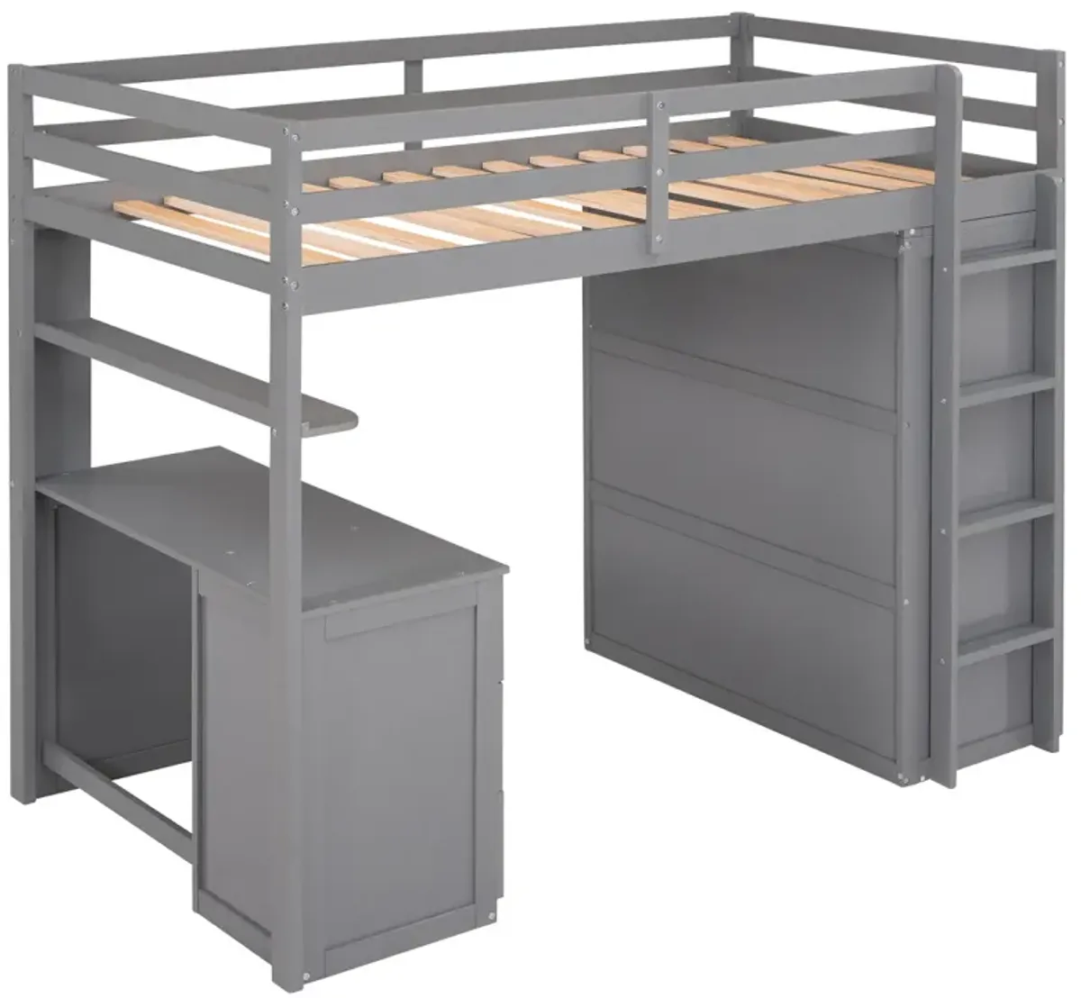 Twin Size Loft Bed With Drawers, Desk, And Wardrobe