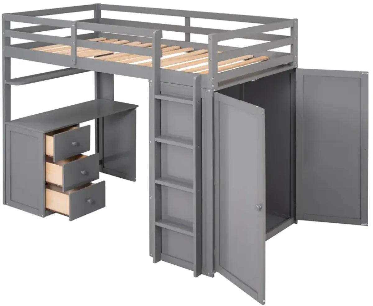 Twin Size Loft Bed With Drawers, Desk, And Wardrobe