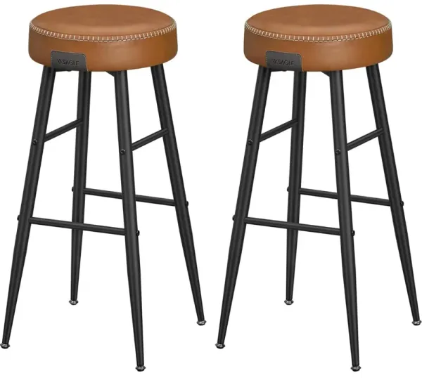 Laxy 30 Inch Barstool Set of 2, Brown Faux Leather Round Padded Seat, Black - Benzara