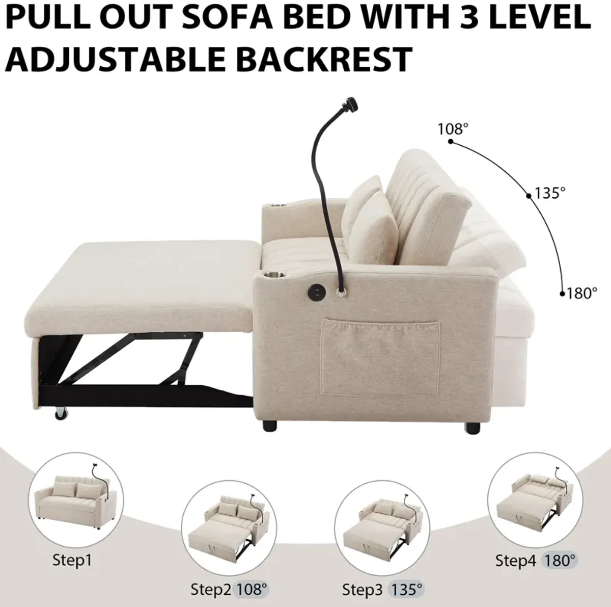 Merax Convertible Sofa Bed Loveseat with 3 USB Ports