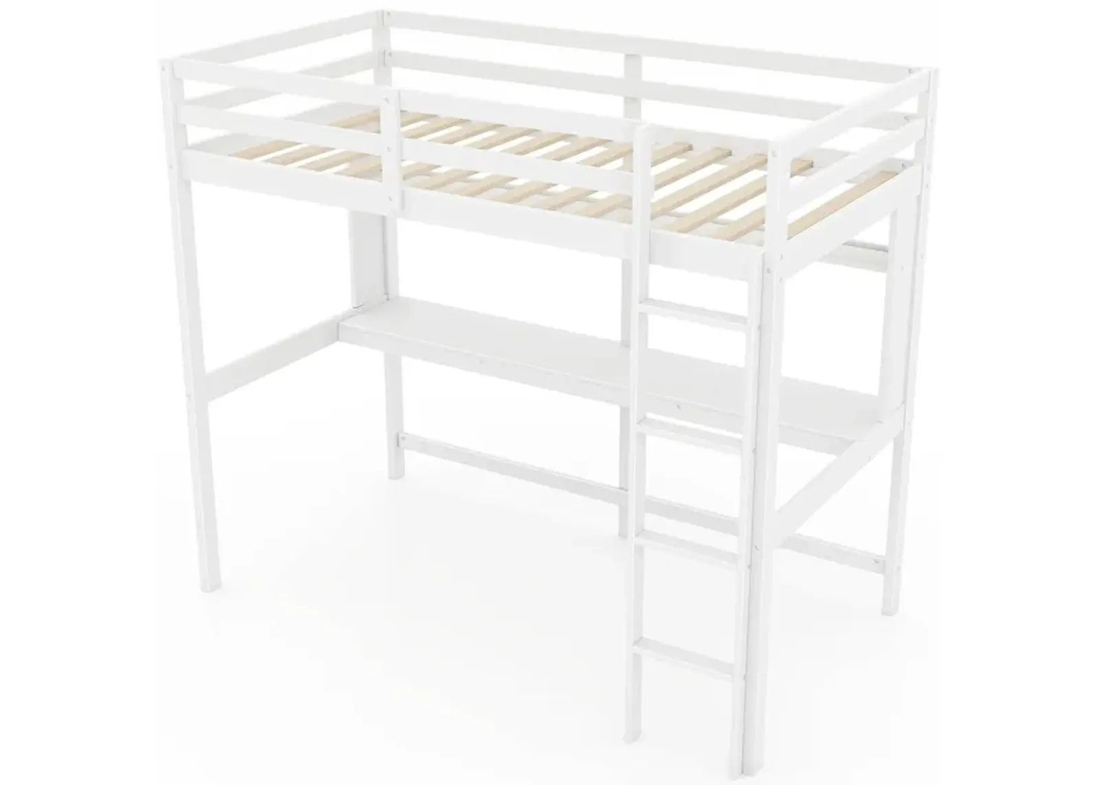 Twin Size Solid Wood Slatted Loft Bed Frame with Safety Guardrail for Kid