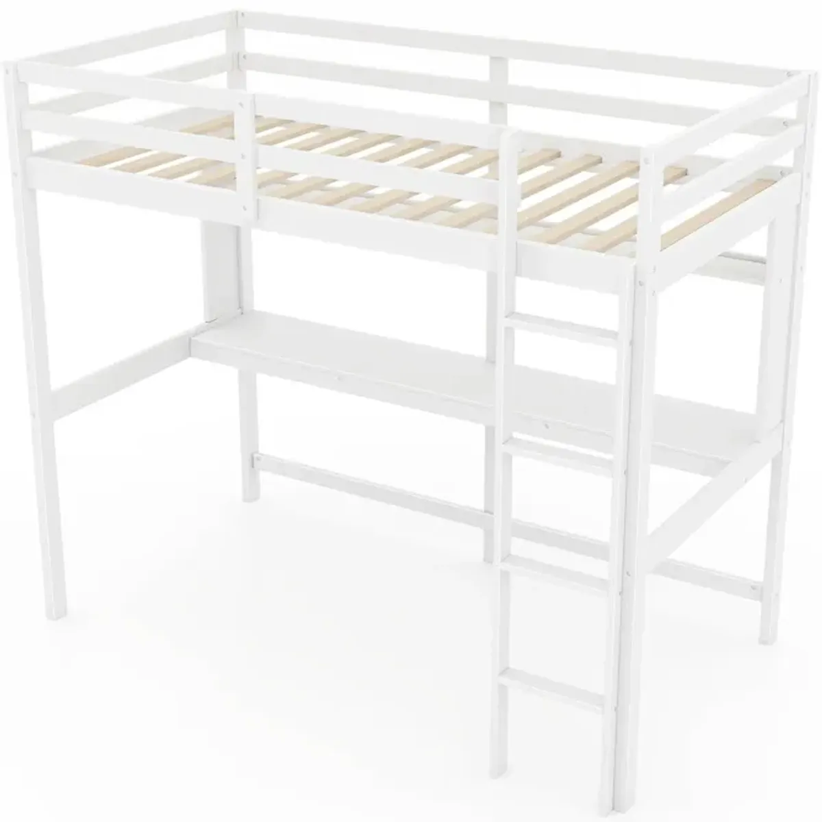 Twin Size Solid Wood Slatted Loft Bed Frame with Safety Guardrail for Kid