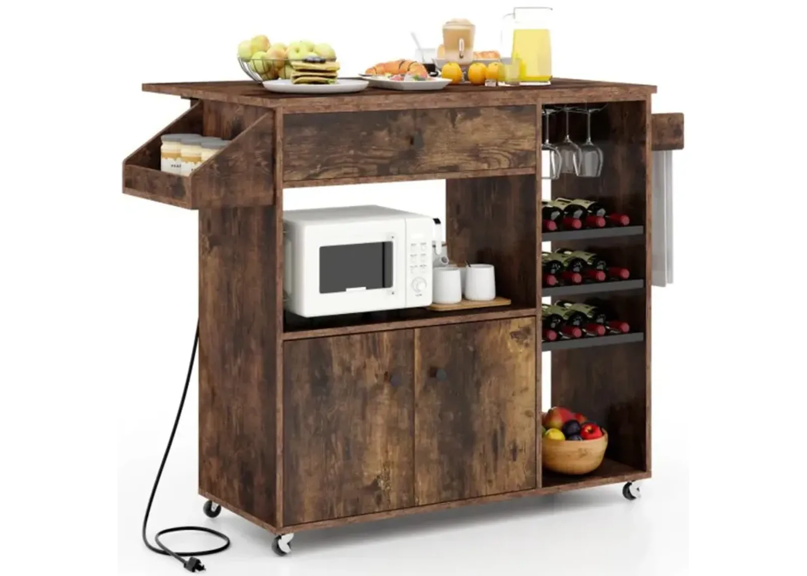 Hivvago Drop Leaf Mobile Kitchen Island Cart with Power Outlet and Adjustable Shelf