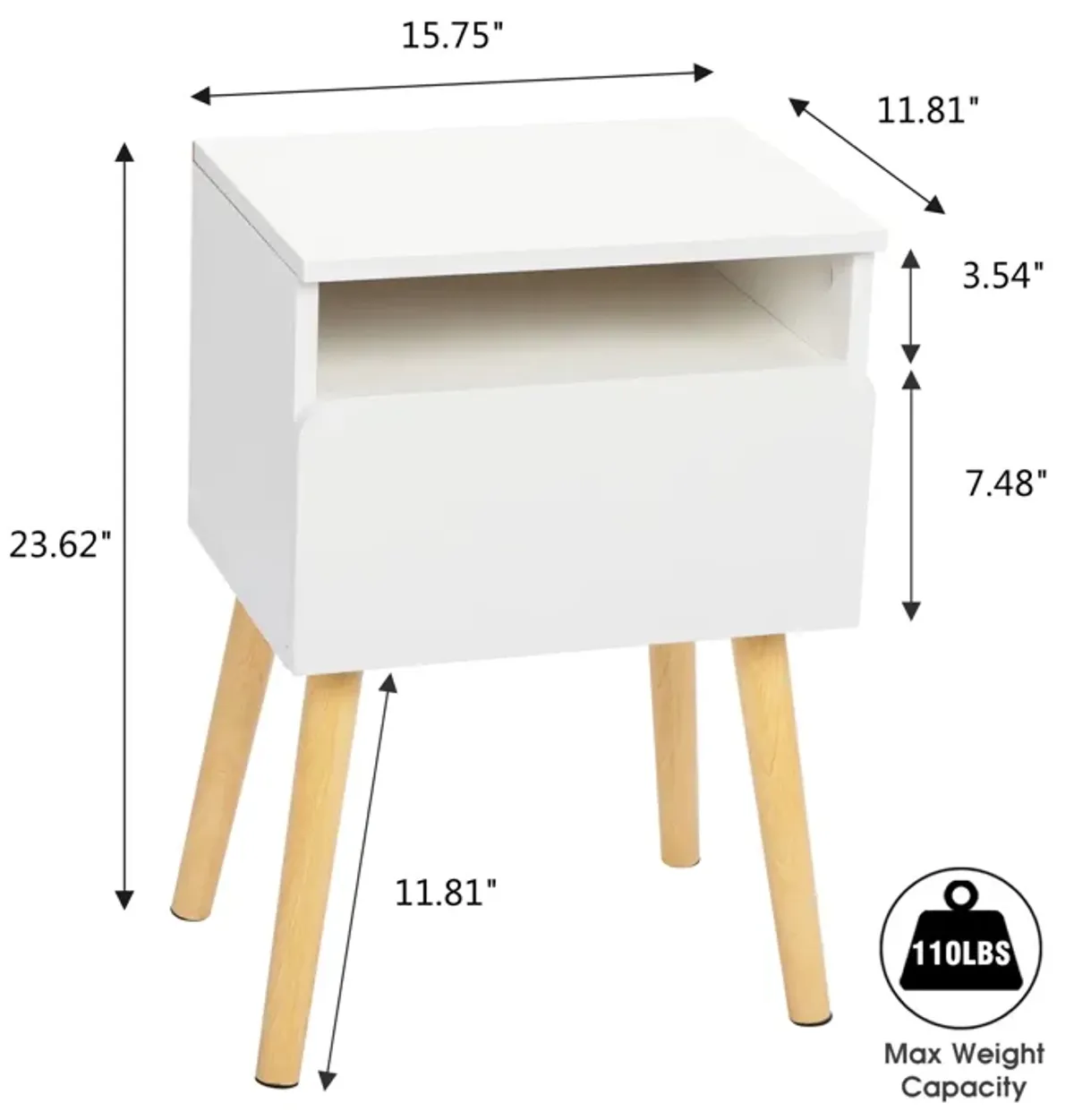 Jaxpety Simple Single Drawer Nightstand Two Fitted White