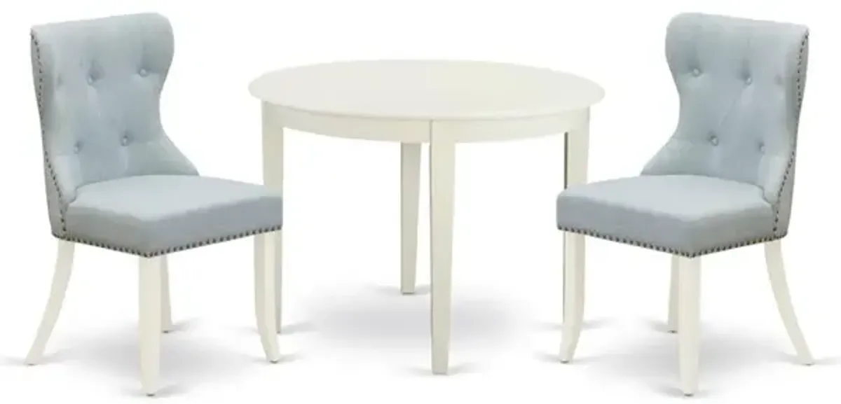East-West Furniture BOSI3-WHI-15 - A kitchen table set of 2 wonderful kitchen chairs with Linen Fabric Baby Blue color and a lovely dinner table with Linen White color