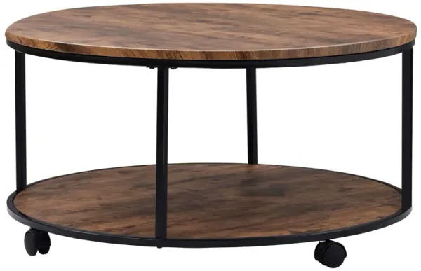Round Coffee Table with Caster Wheels and Wood Textured Surface for Living Room