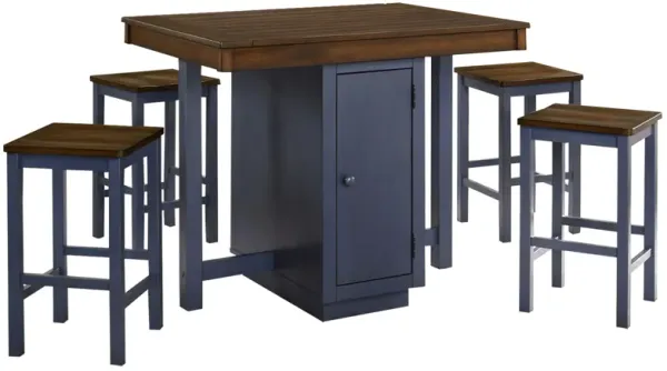 5 Piece Counter Height Dining Table Set, 4 Stools, Antique Oak, Blue Wood - Benzara