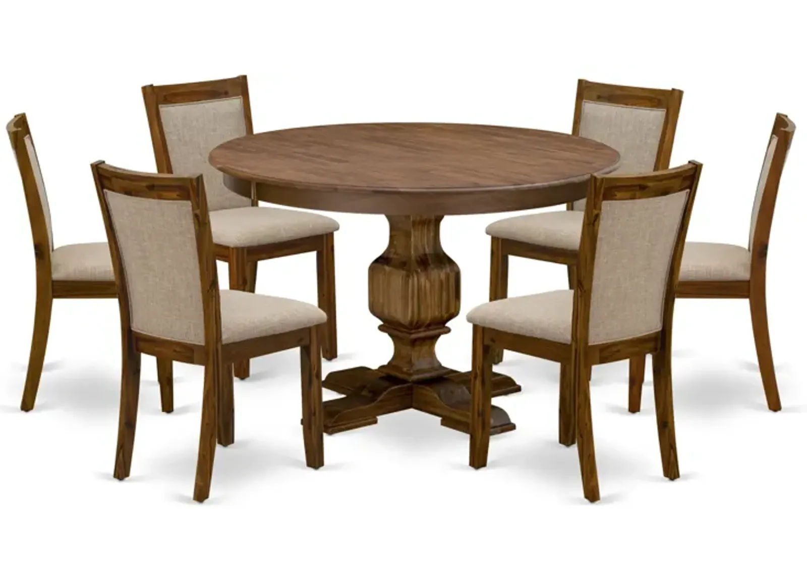 East West Furniture F3MZ7-N04 7-Pc Dining Table Set - Modern Pedestal Dining Table and 6 Light Tan Color Parson Dining Chairs with High Back - Antique Walnut Finish