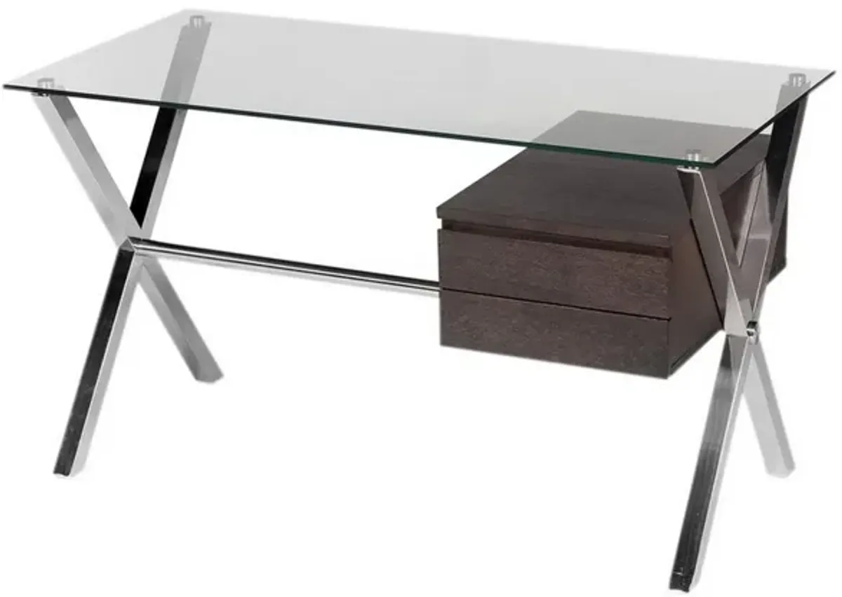 Tia 51 Inch Small Office Desk, Glass Tempered Top, 2 Drawers, Dark Brown - Benzara