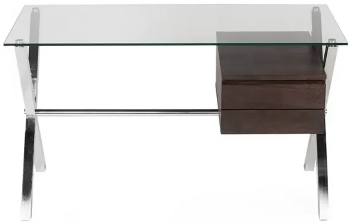 Tia 51 Inch Small Office Desk, Glass Tempered Top, 2 Drawers, Dark Brown - Benzara