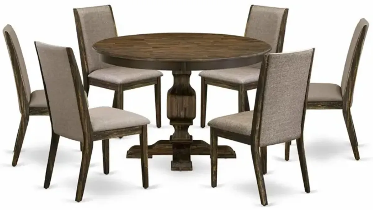 East West Furniture 7 Piece Kitchen Table Set Contains a Kitchen Table and 6 Dark Khaki Linen Fabric Dining Room Chairs with High Back - Distressed Jacobean Finish