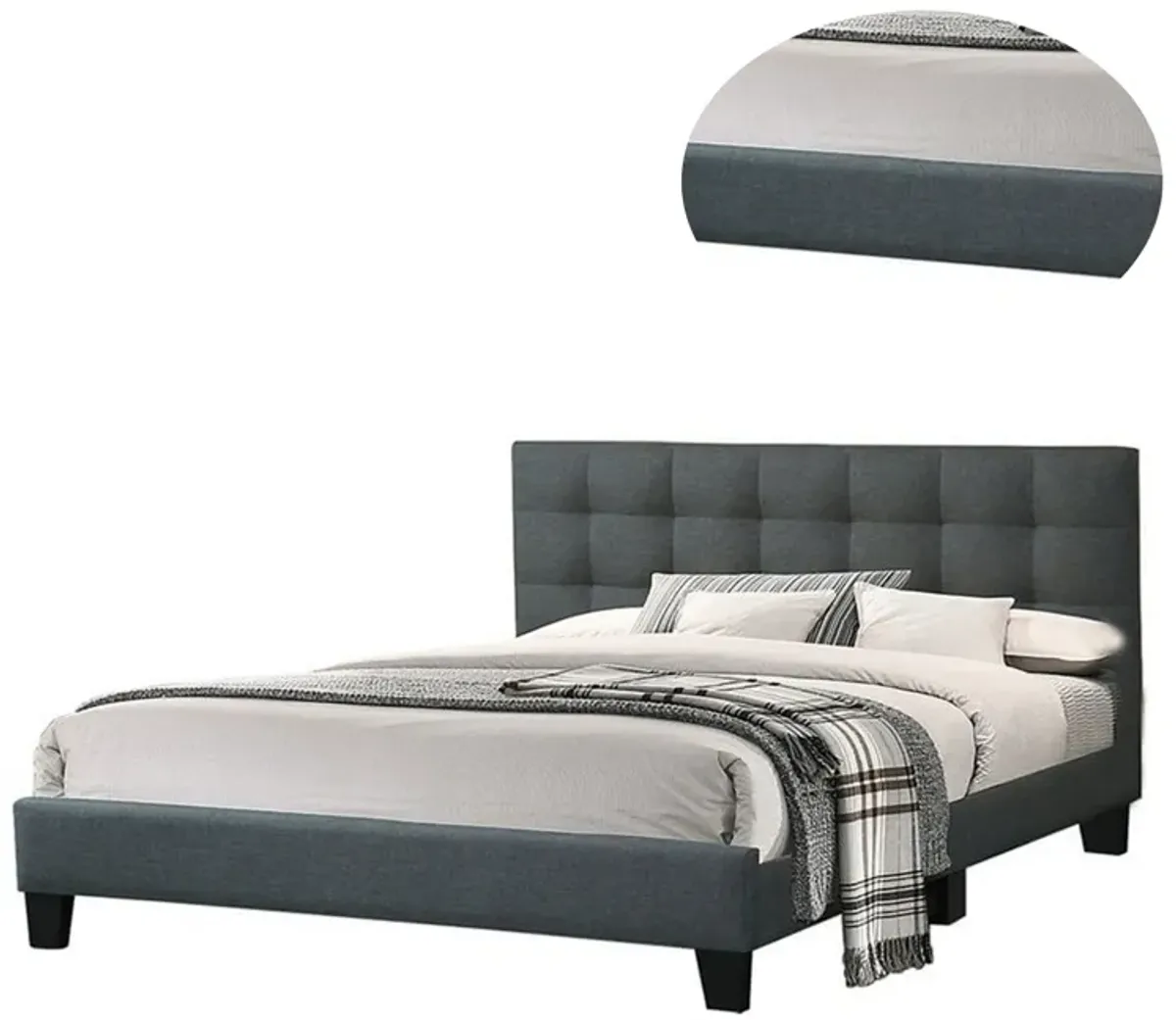 Dex Modern Platform Queen Size Bed, Plush Tufted Upholstery, Charcoal Gray - Benzara