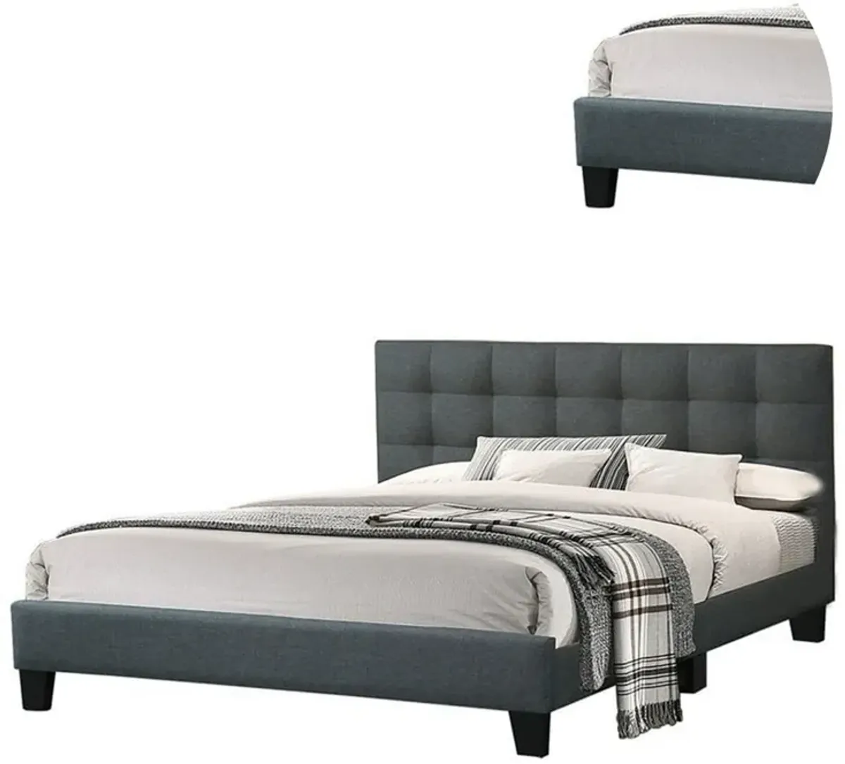 Dex Modern Platform Queen Size Bed, Plush Tufted Upholstery, Charcoal Gray - Benzara