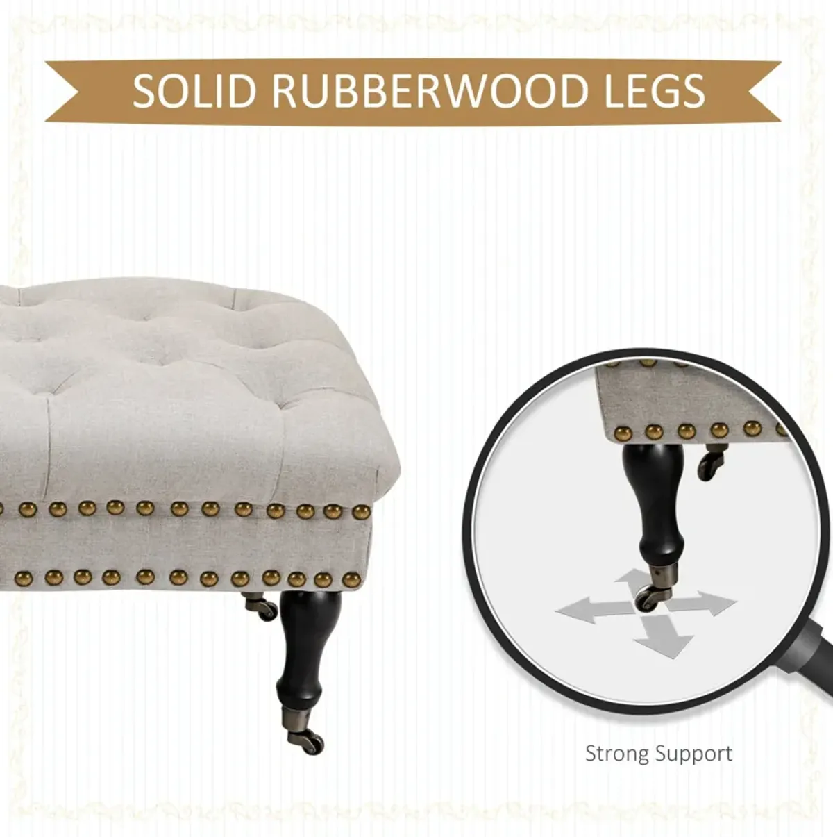 Beige Mobile Seating: Upholstered Rolling Bench with Nailhead Trim