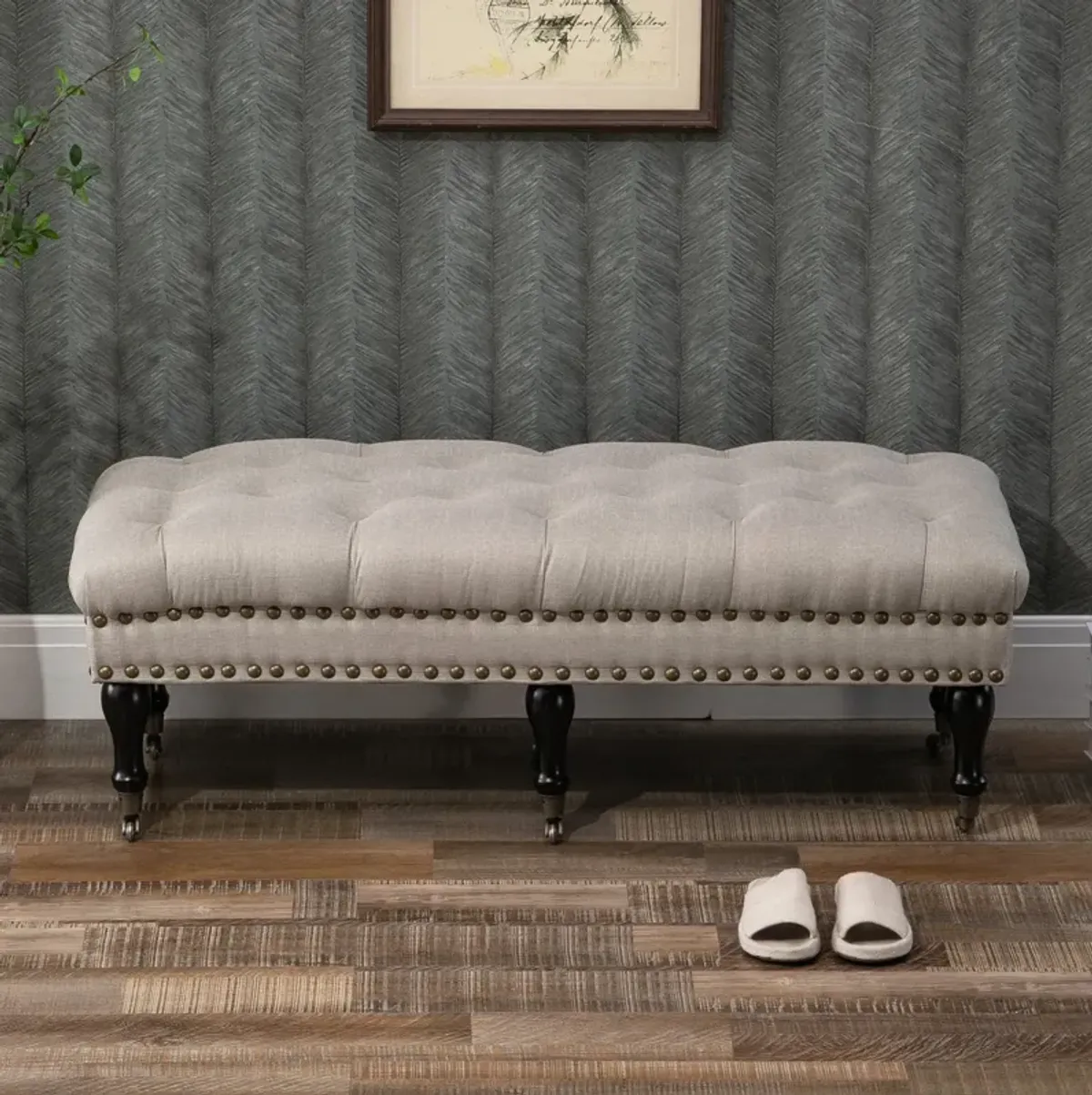 Beige Mobile Seating: Upholstered Rolling Bench with Nailhead Trim