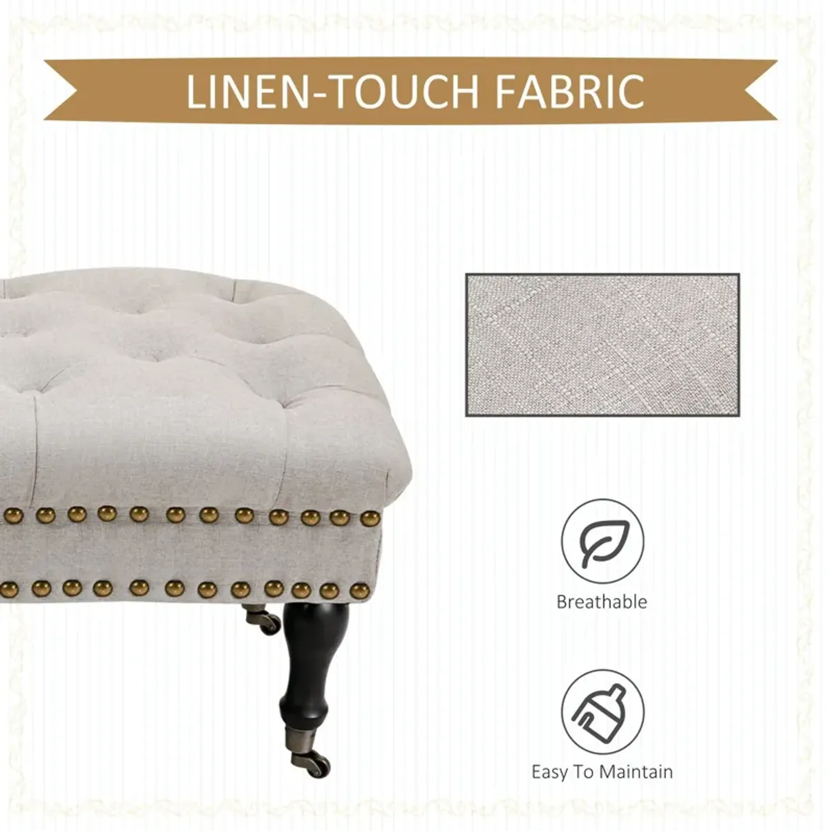 Beige Mobile Seating: Upholstered Rolling Bench with Nailhead Trim