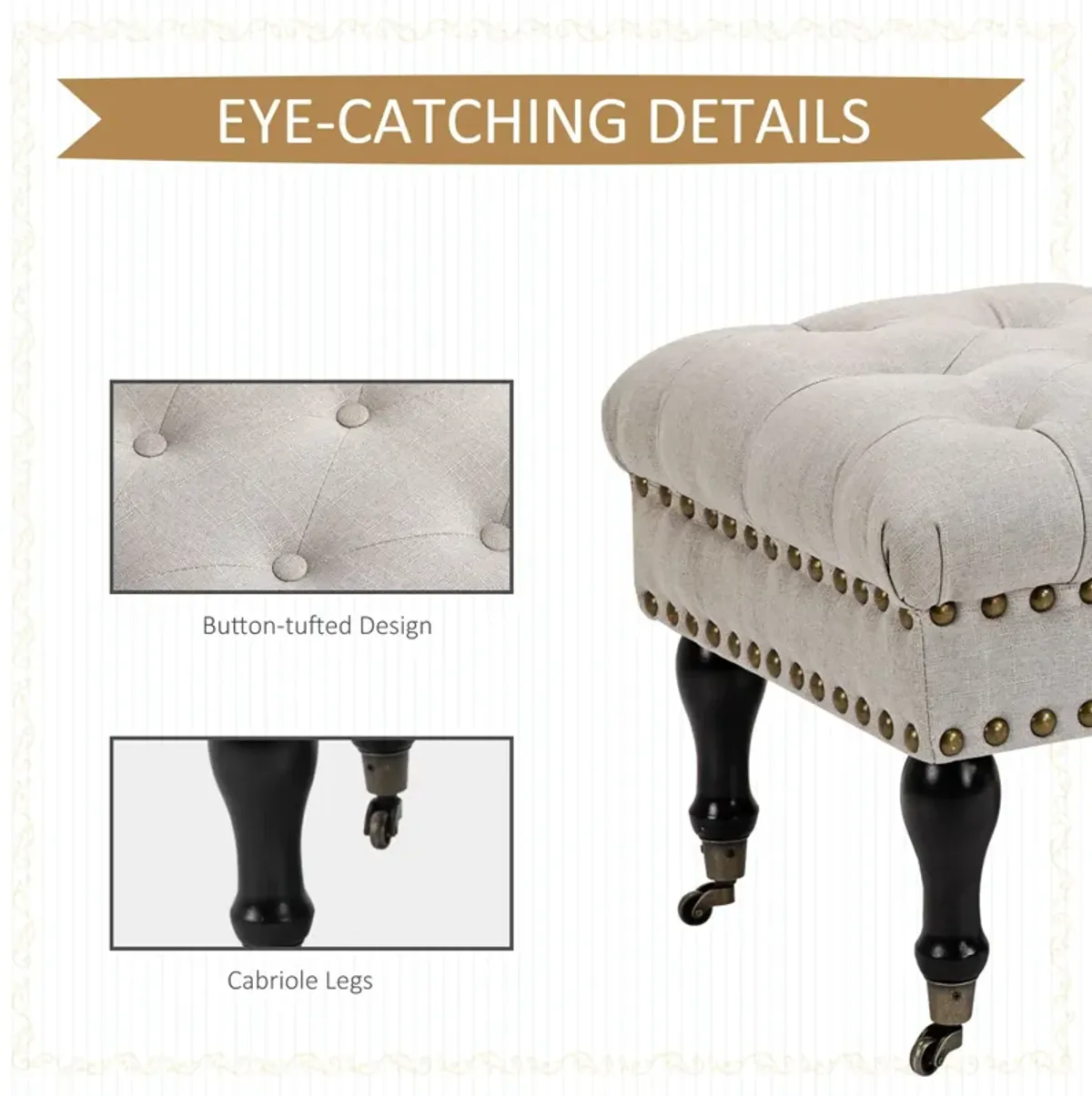 Beige Mobile Seating: Upholstered Rolling Bench with Nailhead Trim