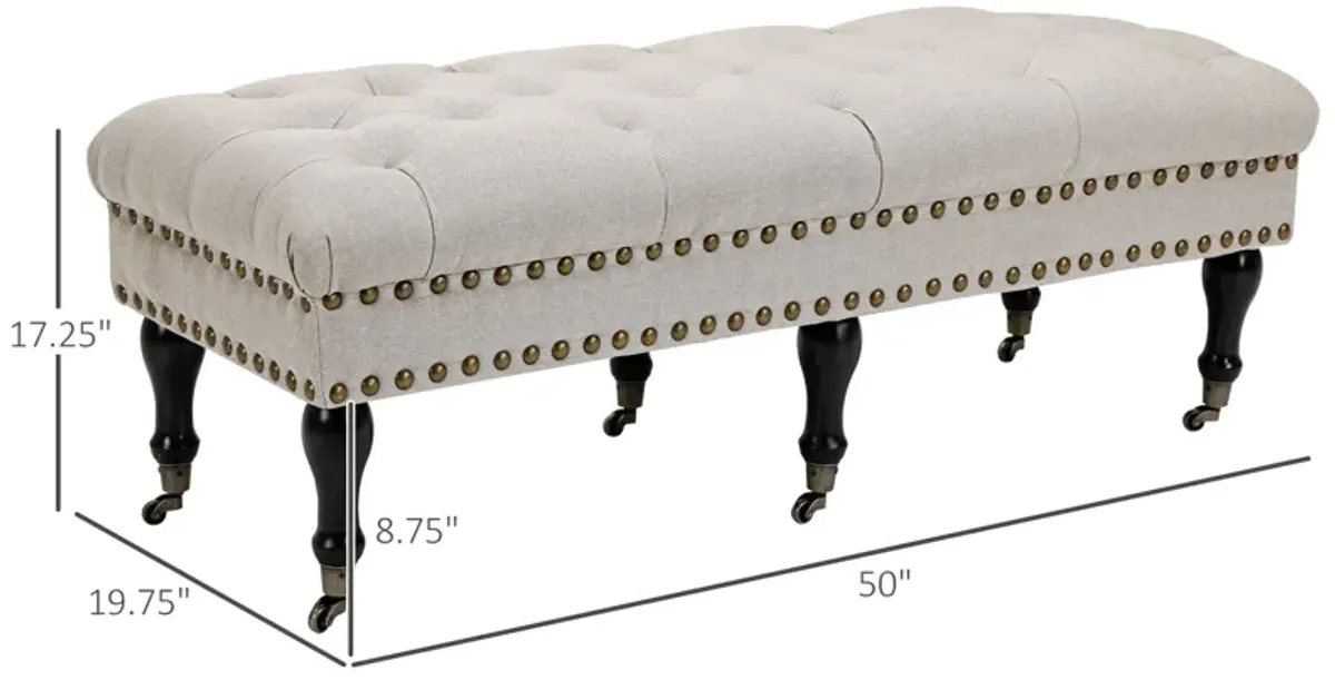 Beige Mobile Seating: Upholstered Rolling Bench with Nailhead Trim