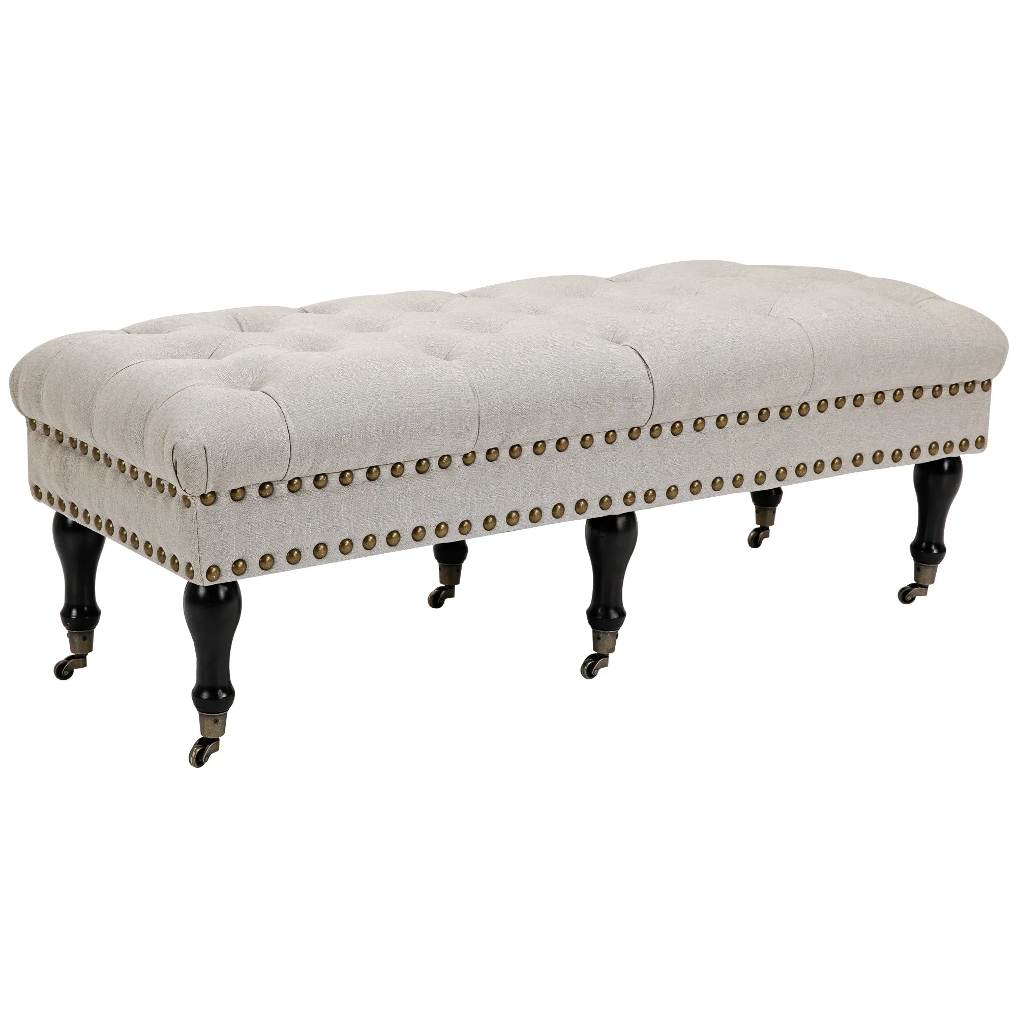 Mobile Upholstered Bench Rolling Button-Tufted Fabric Accent Ottoman with Nailhead Trim & Wheels, Beige