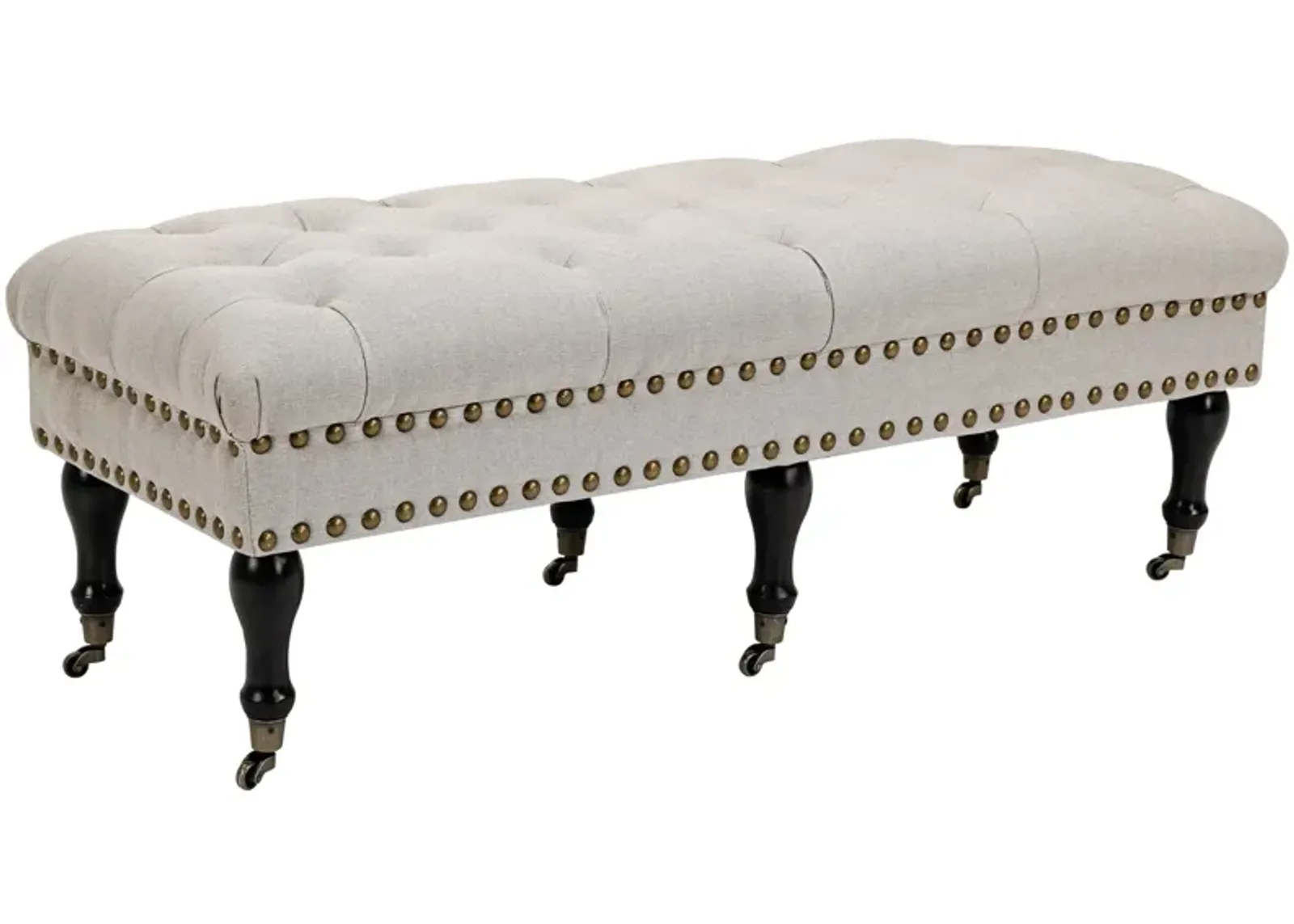 Beige Mobile Seating: Upholstered Rolling Bench with Nailhead Trim