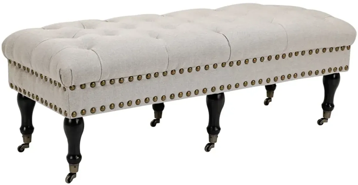 Beige Mobile Seating: Upholstered Rolling Bench with Nailhead Trim