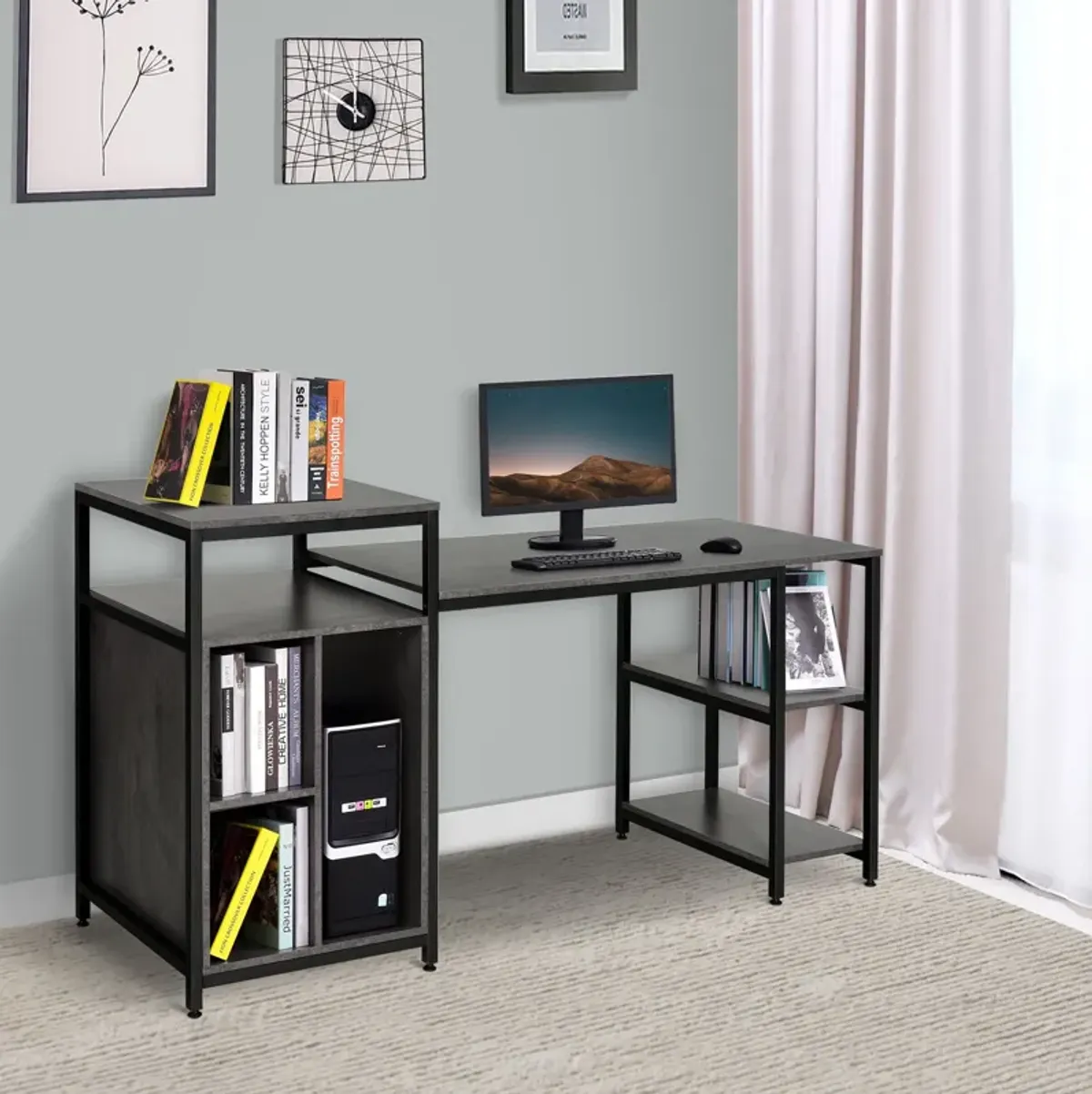 Grey Modern Workstation: 68" Computer Desk with Bookshelf