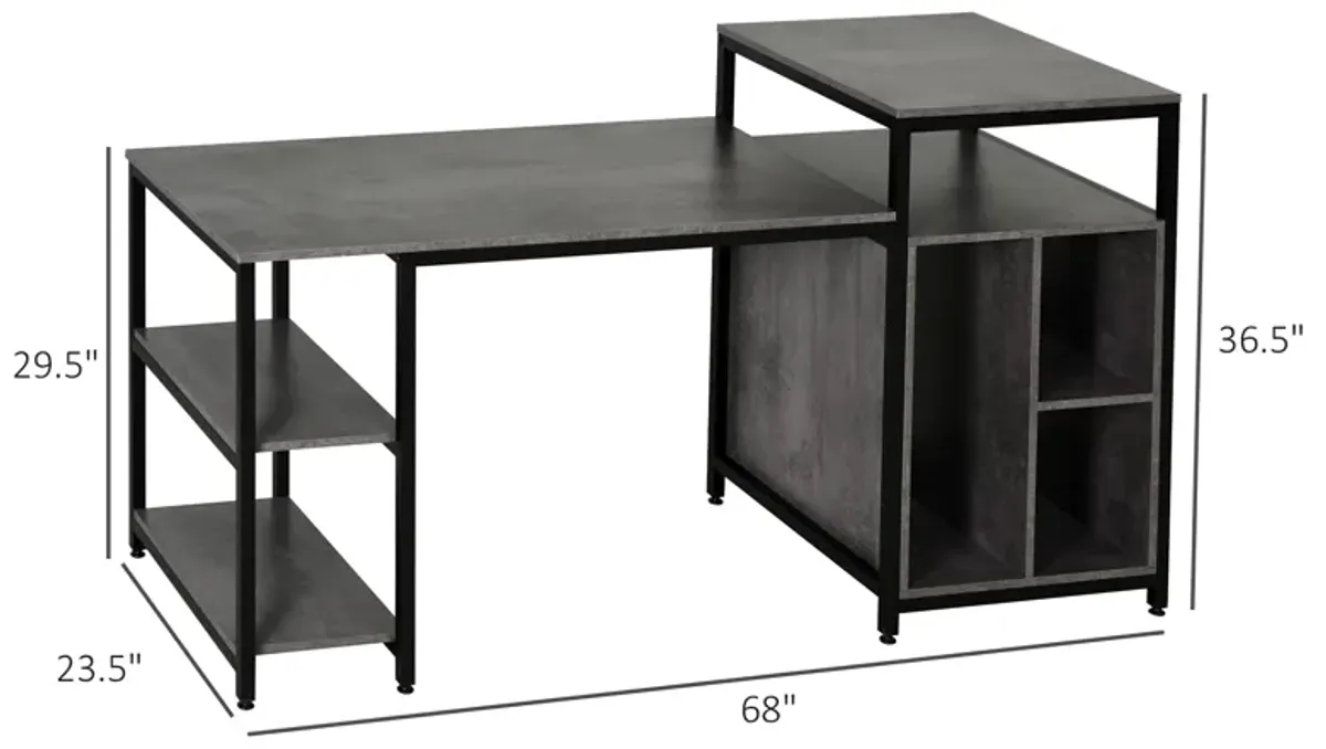 Grey Modern Workstation: 68" Computer Desk with Bookshelf