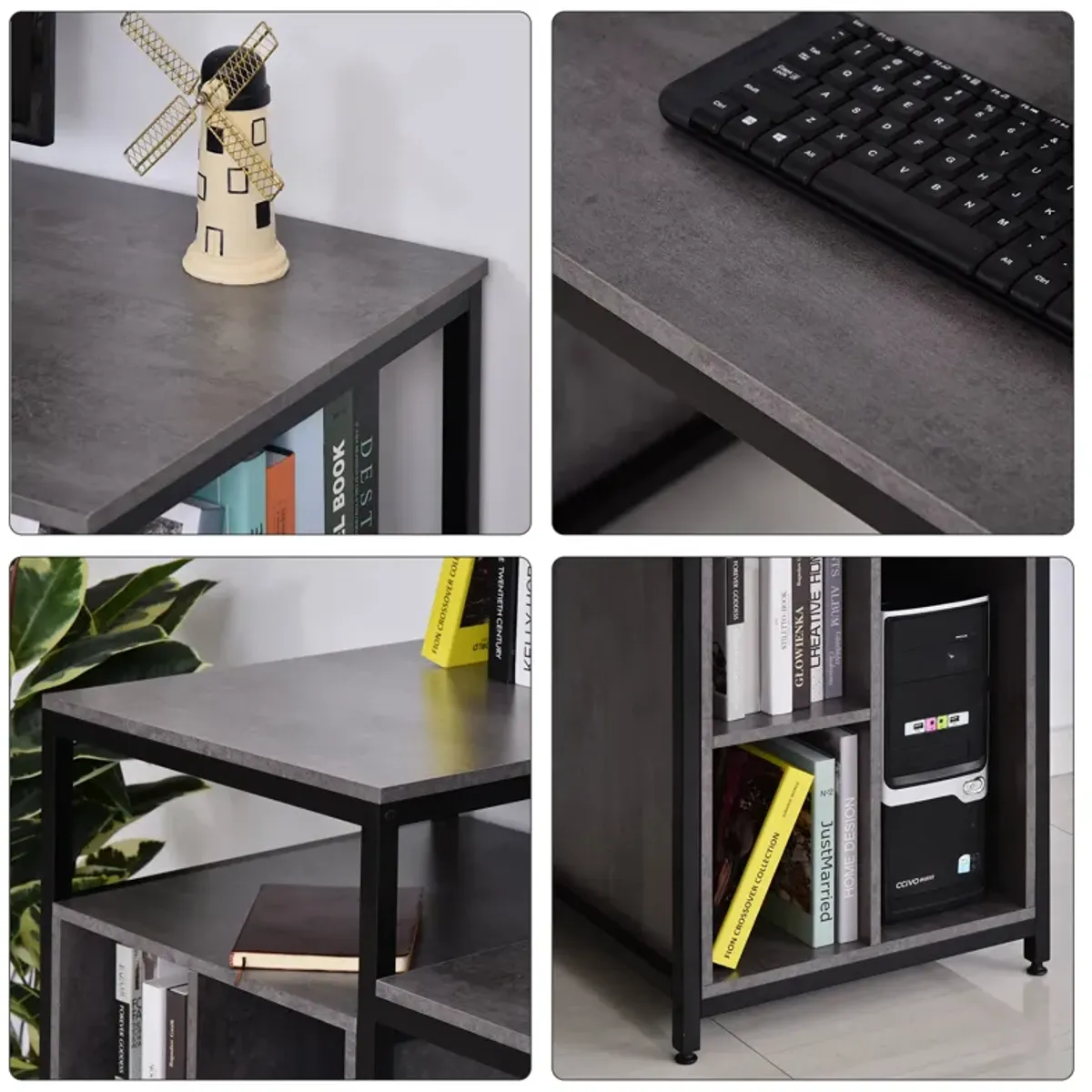 Grey Modern Workstation: 68" Computer Desk with Bookshelf