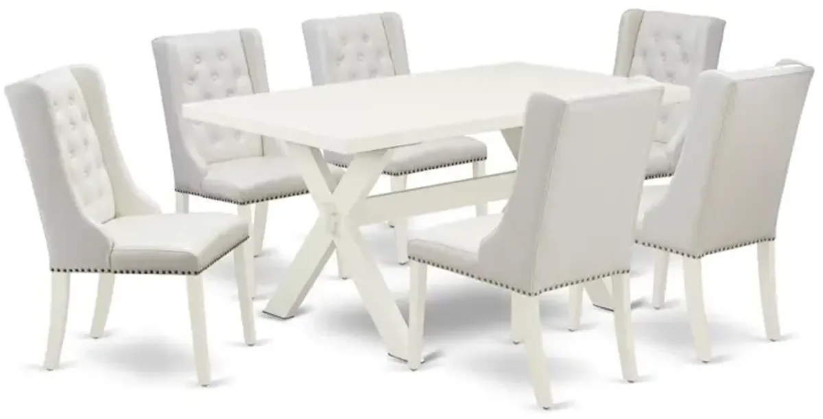 East West Furniture X026FO244-7 7-Piece Dining Room Set Contains 6 White Pu Leather Parson Dining Chairs with Button Tufted and Mid Century Dining Table - Linen White Finish
