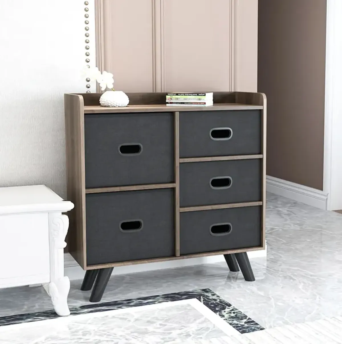 Dresser Organizer Cabinet with 5 Easy Pull Fabric Drawers, Sturdy MDF Frame and Wood Top Closet Storage, Organizer Unit for Homes, Offices, Dormitories