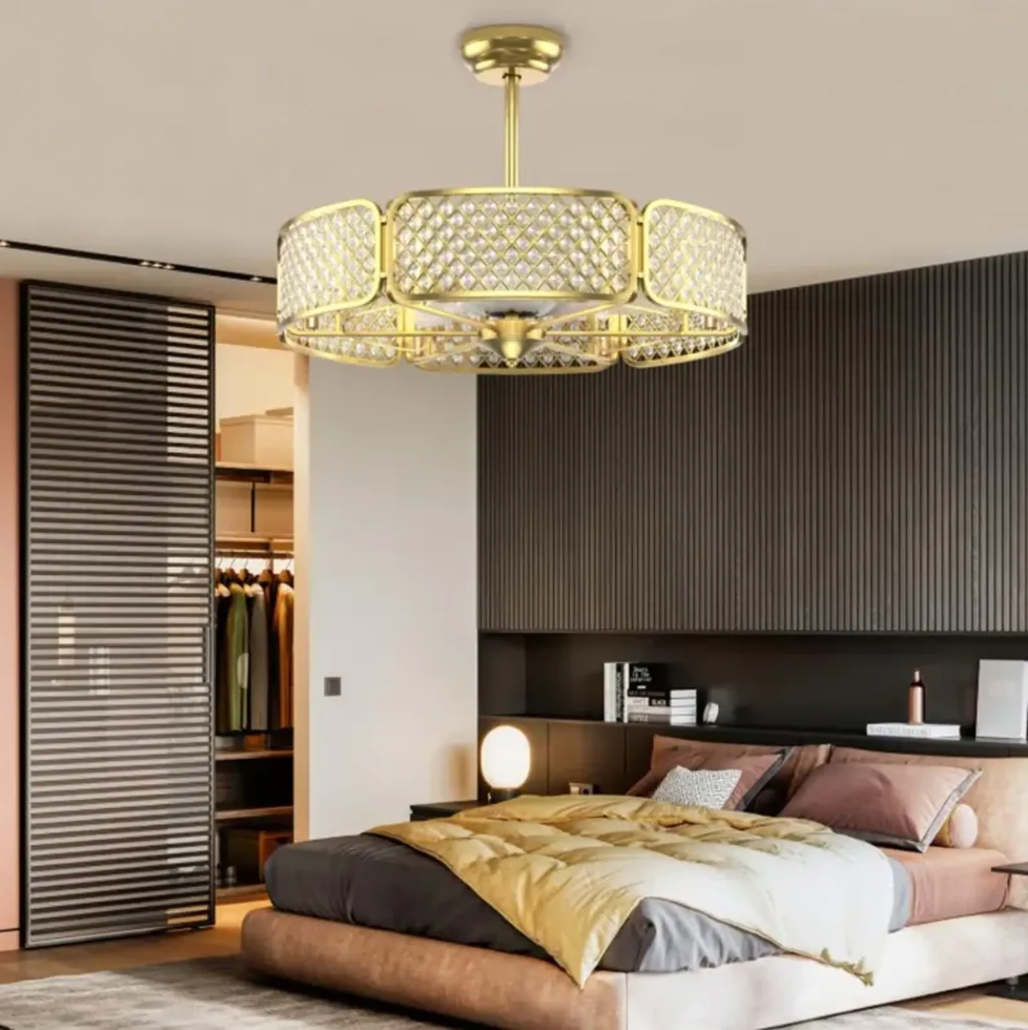 Hivvago 30 Inch Caged Ceiling Fan With Light Crystal Lampshade 6 Light ...