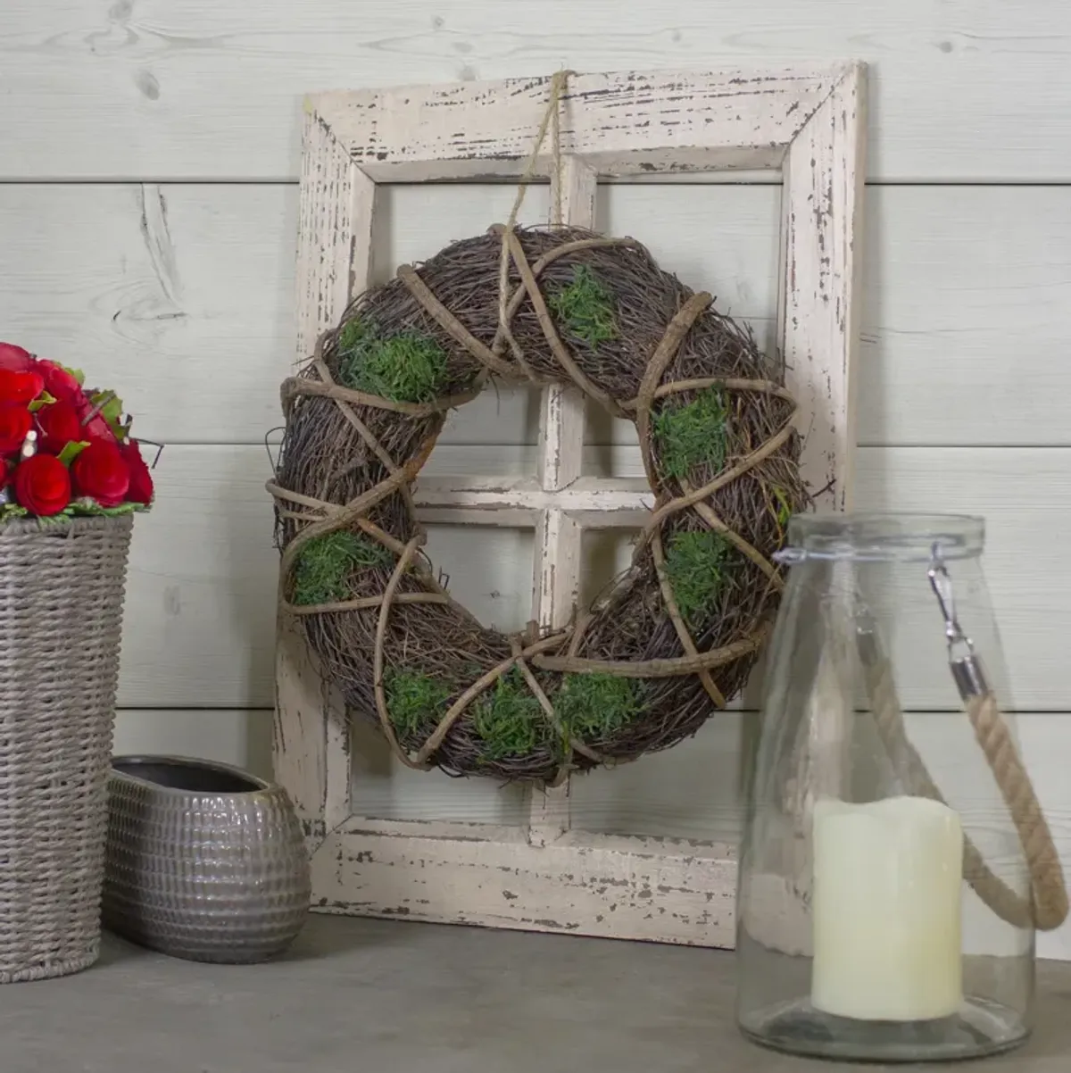 13" Green and Brown Moss and Twig Artificial Spring Wreath - Unlit