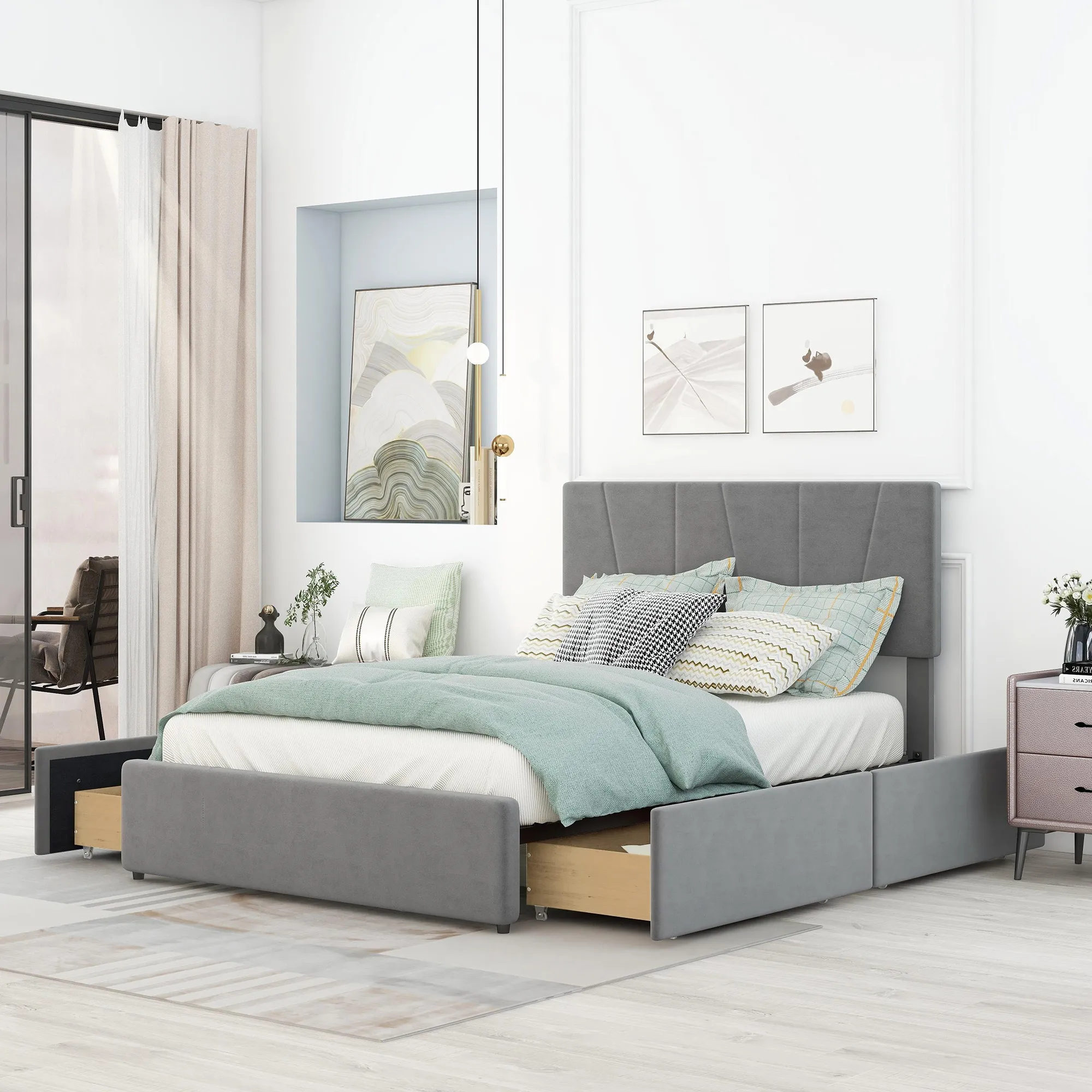 Merax Upholstery Platform Bed with Four Storage Drawers
