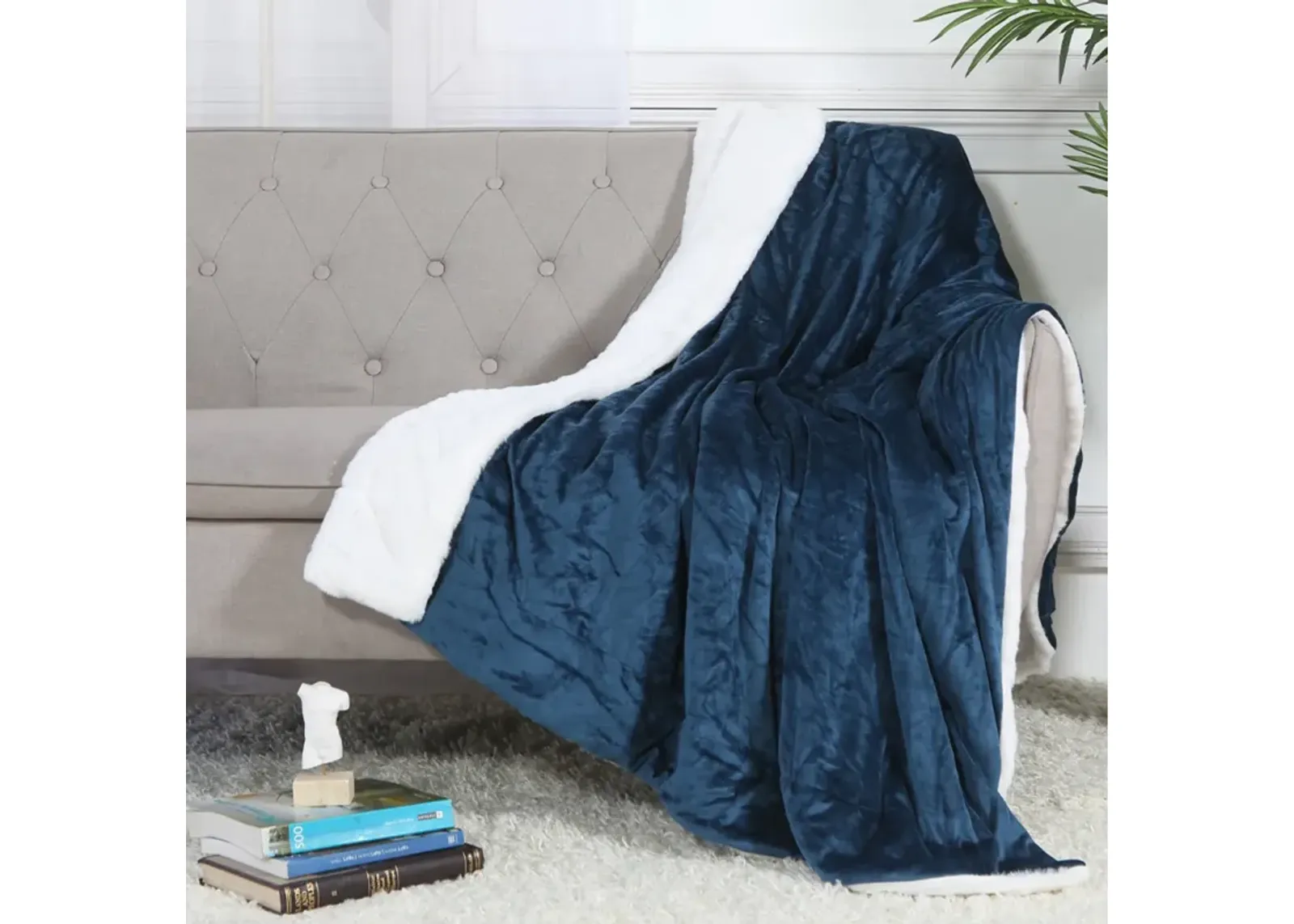 Legacy Decor Luxurious Soft Velour Fleece Throw with Super Ultra Soft Faux Fur on Backside Blanket 49”x 73” White Color