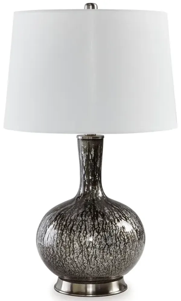 26 Inch Table Lamp, Tall Black Round Glass Base, White Drum Fabric Shade - Benzara