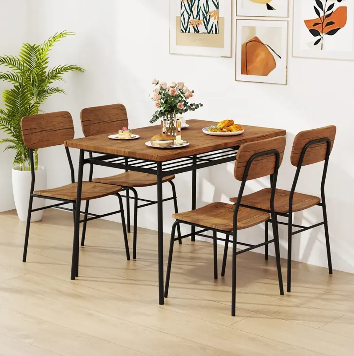5-Piece Kitchen & Dining Set – Wood Table with Storage Rack and Metal Chairs