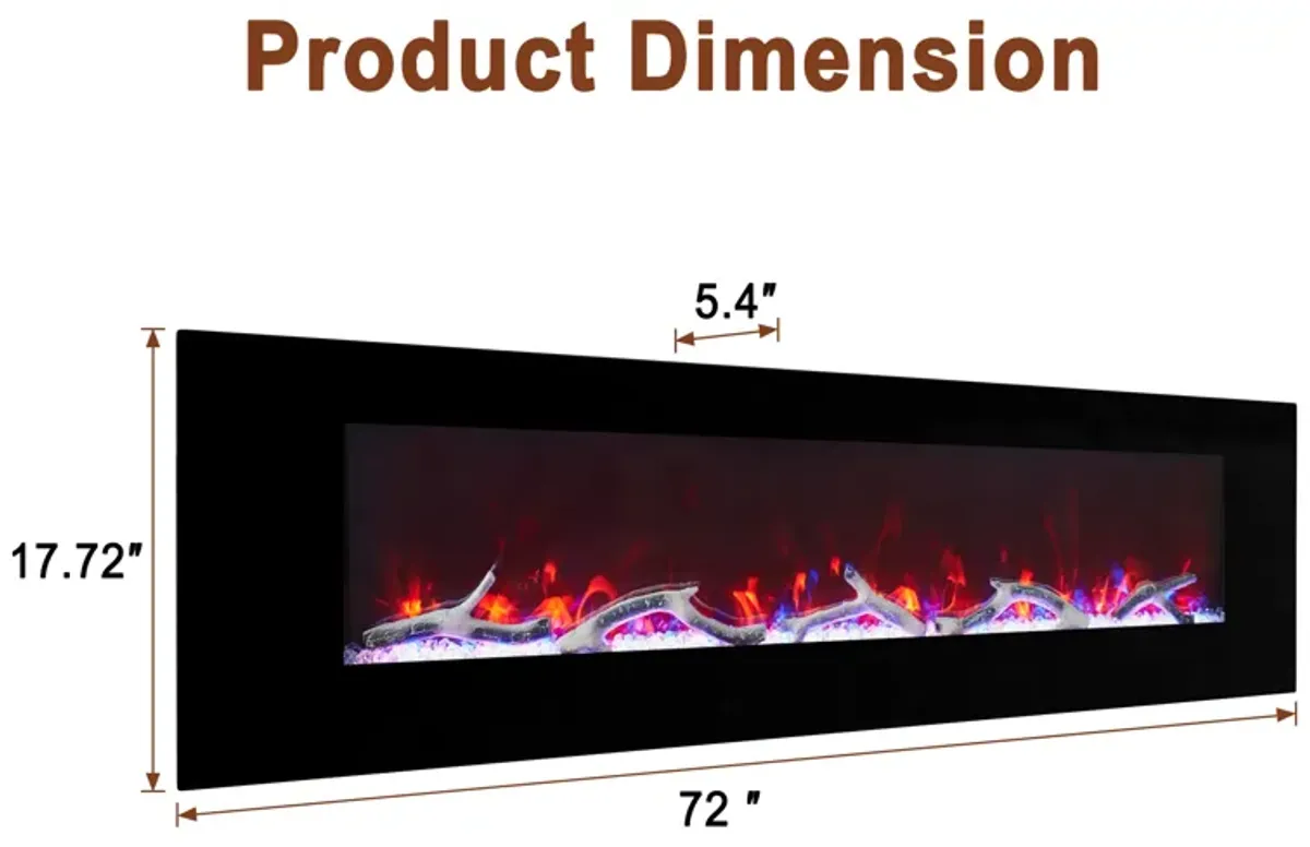 MONDAWE 72" Wall-Mounted Electric Fireplace 5120 BTU Heater with Bluetooth Speaker & Remote Control Adjustable Flame Color & Temperature Setting