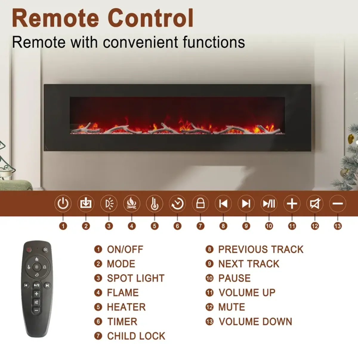 MONDAWE 72" Wall-Mounted Electric Fireplace 5120 BTU Heater with Bluetooth Speaker & Remote Control Adjustable Flame Color & Temperature Setting