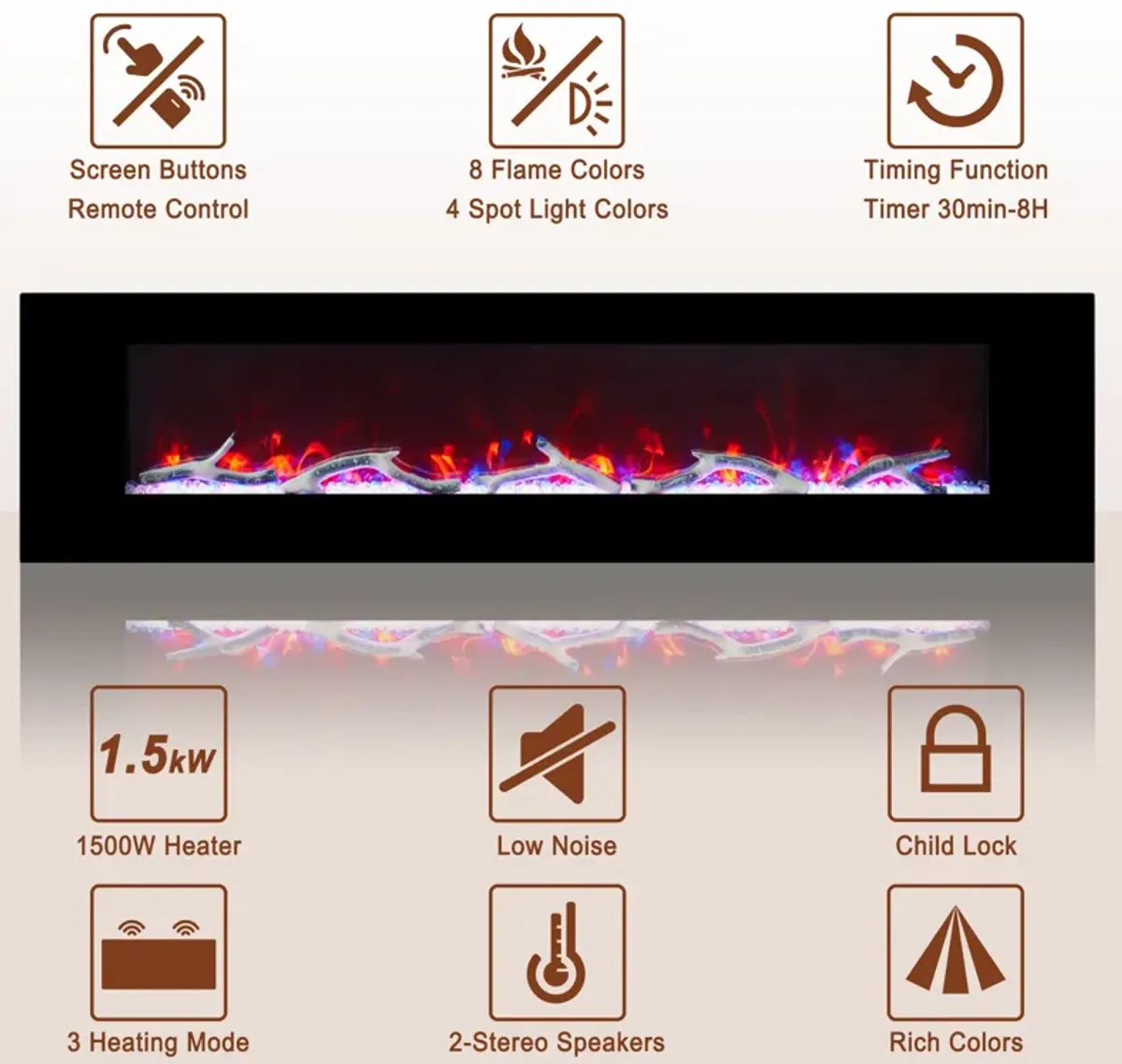 MONDAWE 72" Wall-Mounted Electric Fireplace 5120 BTU Heater with Bluetooth Speaker & Remote Control Adjustable Flame Color & Temperature Setting