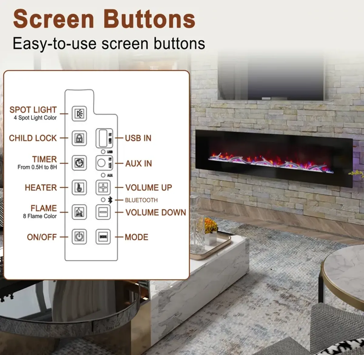 MONDAWE 72" Wall-Mounted Electric Fireplace 5120 BTU Heater with Bluetooth Speaker & Remote Control Adjustable Flame Color & Temperature Setting